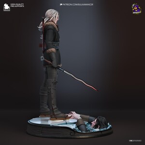 May include: A 3D printed figurine of a long-haired character in a black coat with fur trim, holding a wavy sword. The character stands on a circular base featuring a person partially submerged in water. Text includes HIGH-QUALITY PRE-SUPPORTS and PATREON.COM/BULKAMANCER.