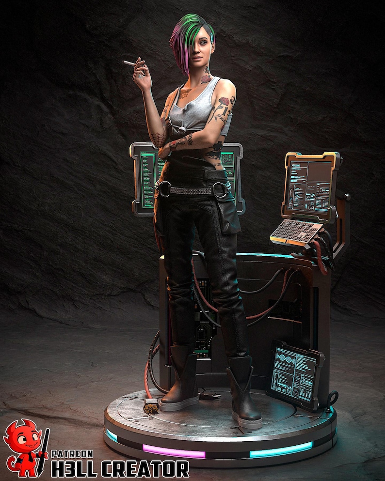 May include: A futuristic figurine of a person with green and purple hair, wearing a white tank top, black pants, and boots. The figure is holding a cigarette and is standing on a platform with computer screens and a keyboard. The base of the platform has a neon light. The text "PATREON H3LL CREATOR" is visible.