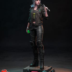 May include: A detailed figurine of a character in a futuristic outfit, holding a sword and a green vial. The figure wears a black leather jacket, pants, and boots. The base is a platform with neon blue and red accents.