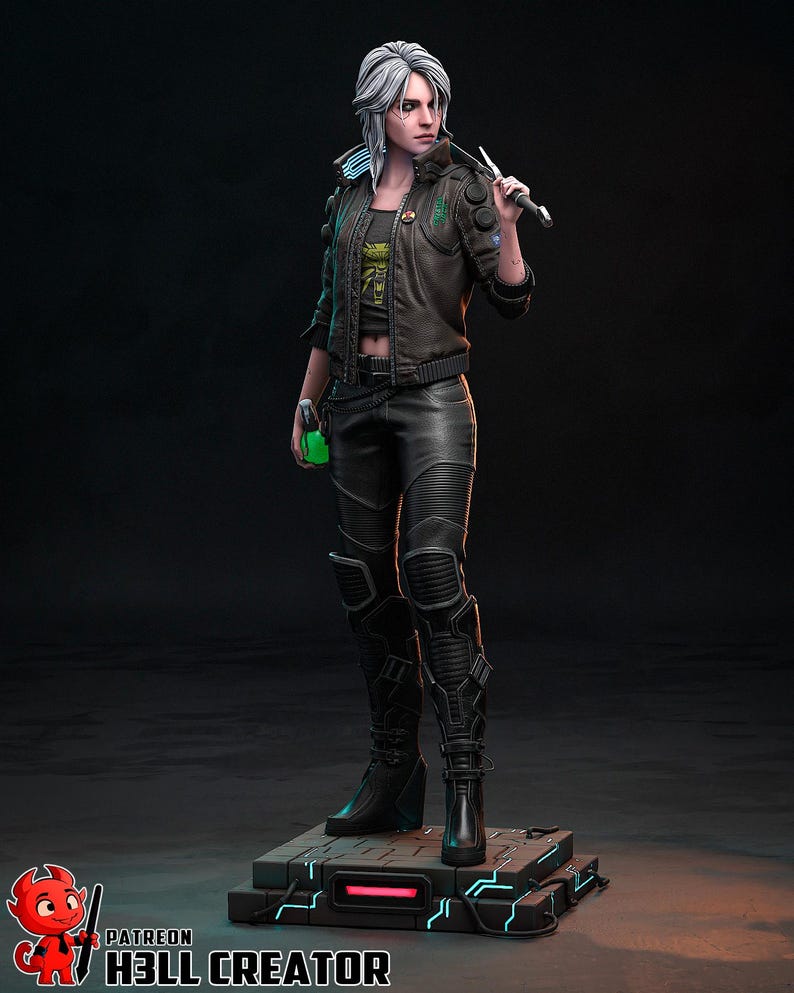 May include: A detailed figurine of a character in a futuristic outfit, holding a sword and a green vial. The figure wears a black leather jacket, pants, and boots. The base is a platform with neon blue and red accents.