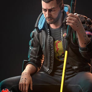 May include: A digital art image of a person in a futuristic cyberpunk style. The person wears a black leather jacket with blue neon accents, a gray t-shirt, and black pants. The image includes the text "PATREON H3LL CREATOR".