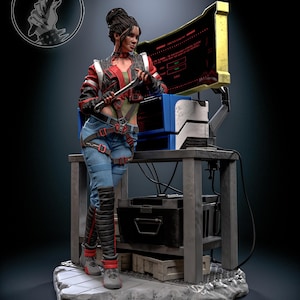 May include: A detailed figurine of a woman in a red, black, and white jacket, blue jeans, and black boots, holding a tool. She stands near a computer monitor on a metal table. The image includes a logo in the upper left corner and the text "h3LLcreator" at the bottom.