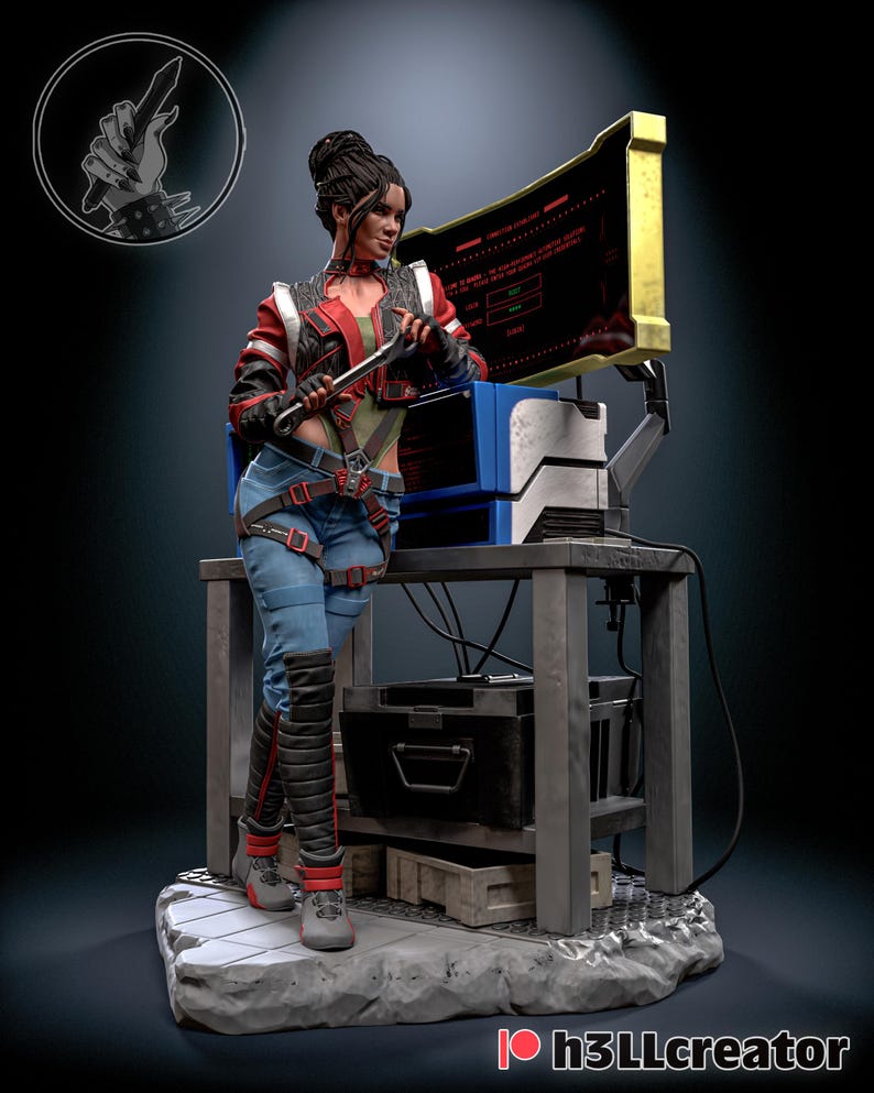 May include: A detailed figurine of a woman in a red, black, and white jacket, blue jeans, and black boots, holding a tool. She stands near a computer monitor on a metal table. The image includes a logo in the upper left corner and the text "h3LLcreator" at the bottom.