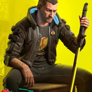 May include: A digital art image of a character from Cyberpunk 2077, wearing a brown leather jacket with a blue illuminated collar, a gray t-shirt with a graphic, and dark gray pants. The character is holding a yellow and black sword. The background is yellow.