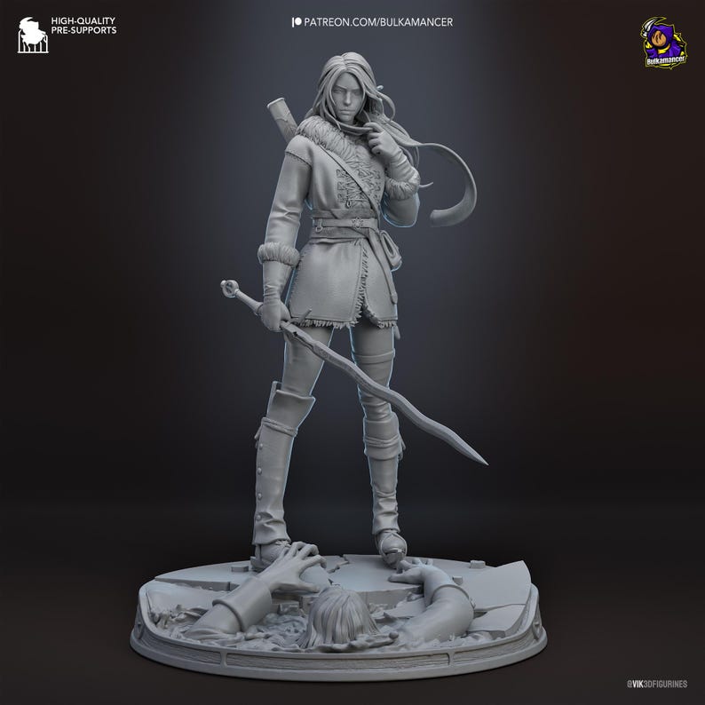 May include: A gray resin miniature figurine of a standing warrior wearing a fur-trimmed jacket, gloves, and tall boots. The figure holds a long sword and stands on a circular base featuring a partially buried figure emerging from cracked ground.