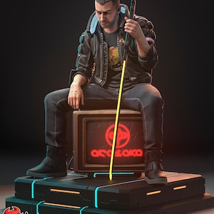 May include: A detailed digital art piece of a figure seated on a futuristic platform. The figure is wearing a black jacket and pants, with tattoos on the arms. A neon yellow rod and a screen with the text "Arasaka" are also visible.