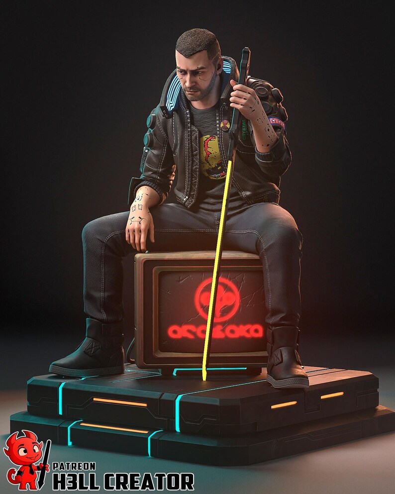 May include: A detailed digital art piece of a figure seated on a futuristic platform. The figure is wearing a black jacket and pants, with tattoos on the arms. A neon yellow rod and a screen with the text "Arasaka" are also visible.