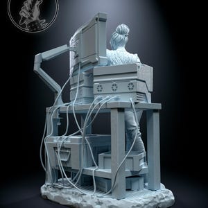 May include: A light blue 3D-printed sculpture of a person seated at a workstation with a computer monitor and various electronic components. The figure has their hair up in a bun. The sculpture is on a textured base. The image includes a logo in the upper left corner and the text "h3llcreator" at the bottom.