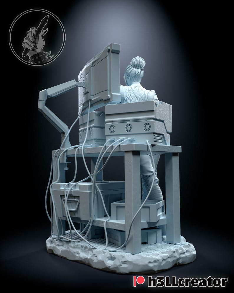 May include: A light blue 3D-printed sculpture of a person seated at a workstation with a computer monitor and various electronic components. The figure has their hair up in a bun. The sculpture is on a textured base. The image includes a logo in the upper left corner and the text "h3llcreator" at the bottom.