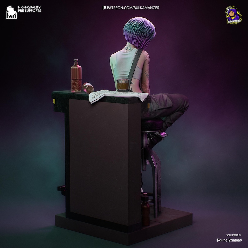 May include: A 3D-rendered figure of a person with purple and green hair, seated at a bar. A bottle, a glass of amber liquid, and a newspaper are on the bar. The figure is wearing a white top and dark pants. The background is dark with a purple and teal gradient.