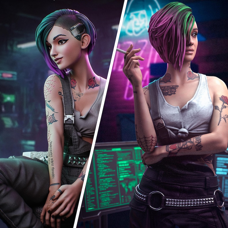 May include: Two digital art portraits of a person with vibrant, short hair, tattoos, and a futuristic aesthetic. One portrait shows the person in overalls, the other holding a cigarette. The background features neon lights and computer screens.