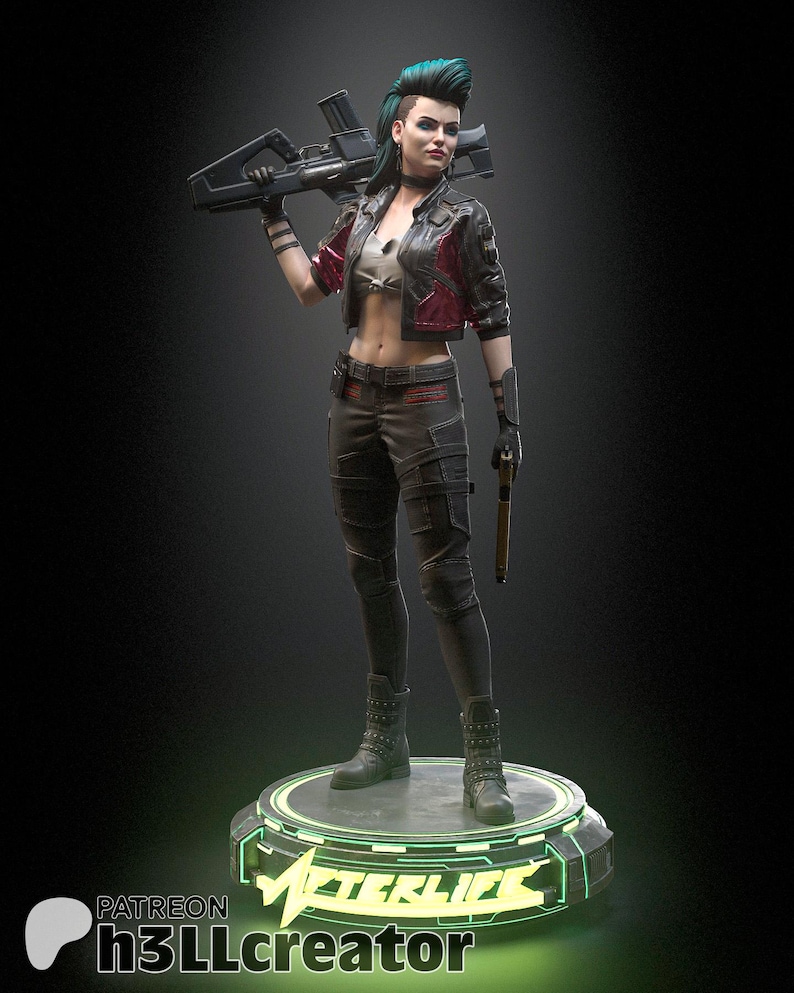 Pode incluir: Uma estatueta detalhada de um personagem com moicano turquesa, vestindo uma jaqueta curta preta e vermelha, cal&ccedil;as escuras e botas com tachas. O personagem segura um rifle sobre o ombro e uma pistola na m&atilde;o, sobre uma base circular com o texto AFTERLIFE.