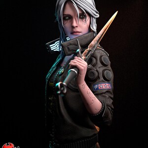 May include: A digital art rendering of a woman with white hair, holding a glowing sword. She wears a black leather jacket with patches and cybernetic enhancements. The image has a dark background and a futuristic theme.