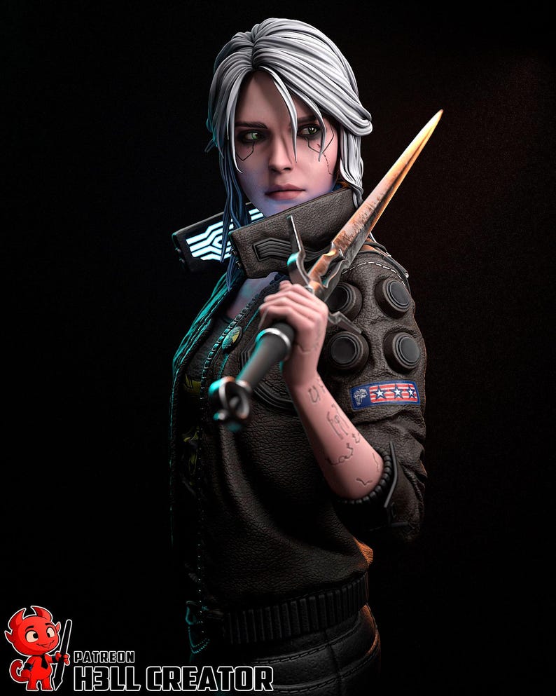 May include: A digital art rendering of a woman with white hair, holding a glowing sword. She wears a black leather jacket with patches and cybernetic enhancements. The image has a dark background and a futuristic theme.