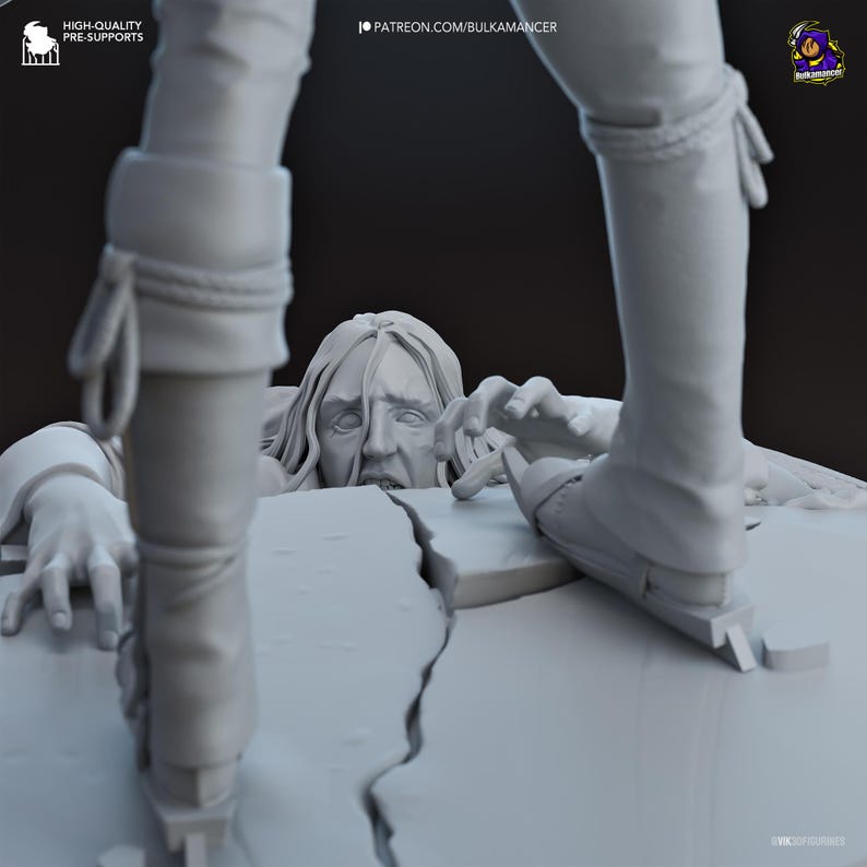 May include: A gray resin 3D printed miniature featuring a figure standing on a cracked stone surface with a second figure emerging from beneath the ground. The scene includes text labels reading HIGH-QUALITY PRE-SUPPORTS and PATREON.COM/BULKAMANCER.