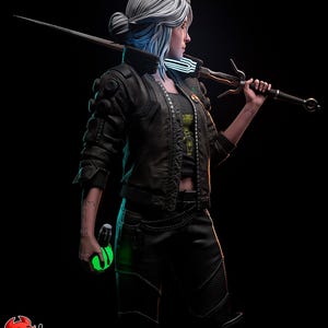 May include: A detailed digital art piece of a female character with white hair and blue highlights, wearing a black leather jacket and pants. She holds a sword over her shoulder and a glowing green orb. The image has a dark, dramatic aesthetic.
