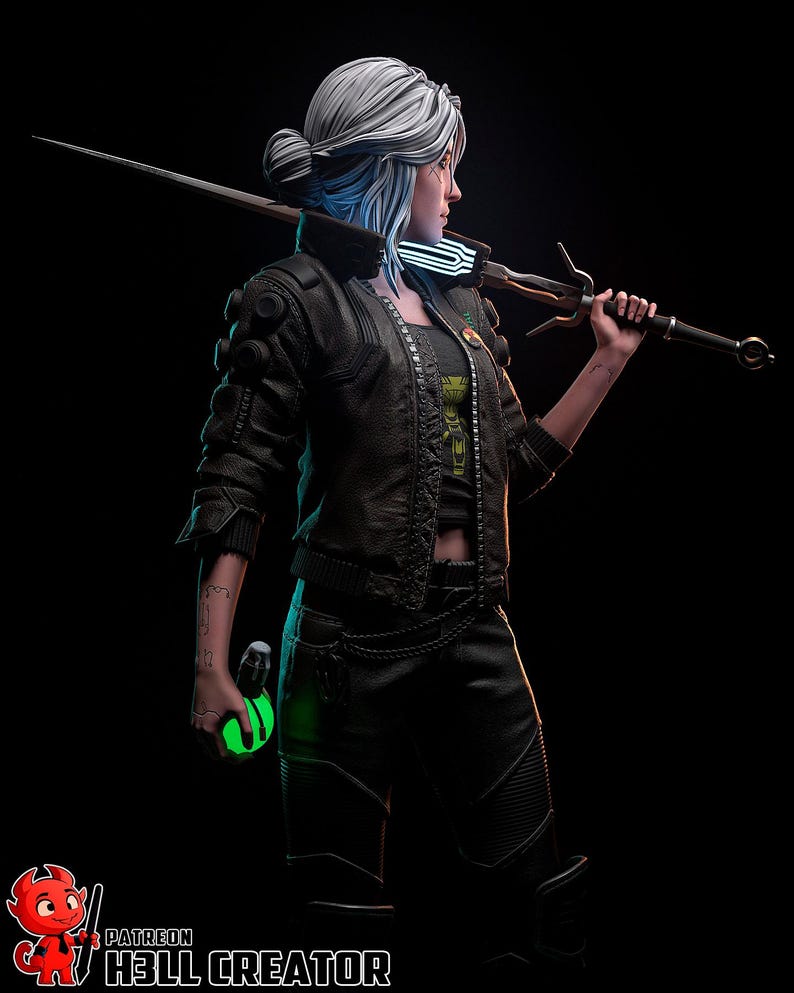 May include: A detailed digital art piece of a female character with white hair and blue highlights, wearing a black leather jacket and pants. She holds a sword over her shoulder and a glowing green orb. The image has a dark, dramatic aesthetic.
