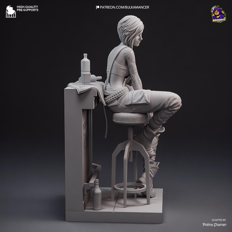 May include: A 3D-printed figurine of a person seated on a stool, leaning against a bar. The figure has detailed tattoos on the arm and is wearing a top, pants, and boots. Bottles and a cloth are on the bar. The text "HIGH-QUALITY PRE-SUPPORTS" is visible.