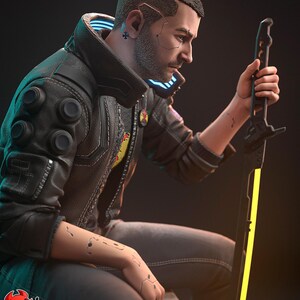 May include: A digital art piece of a person in a futuristic outfit, holding a sword with a yellow blade. The person is wearing a black leather jacket with a high collar and gray pants. The image has the text "PATREON H3LL CREATOR".