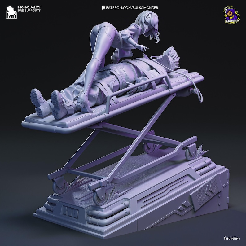 May include: A detailed, gray 3D-printed figurine depicting a person strapped to a medical stretcher, with another person leaning over them. The base features mechanical details and the text "HIGH-QUALITY PRE-SUPPORTS" and "PATREON.COM/BULKAMANCER".