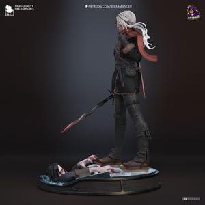 May include: A detailed figurine featuring a white-haired character in a black tunic, dark trousers, and a red scarf, holding a wavy sword. The character stands on a circular base over a figure with black hair emerging from a blue, water-like surface.