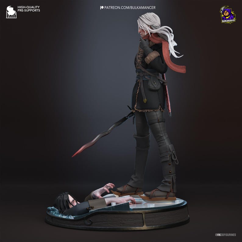 May include: A detailed figurine featuring a white-haired character in a black tunic, dark trousers, and a red scarf, holding a wavy sword. The character stands on a circular base over a figure with black hair emerging from a blue, water-like surface.