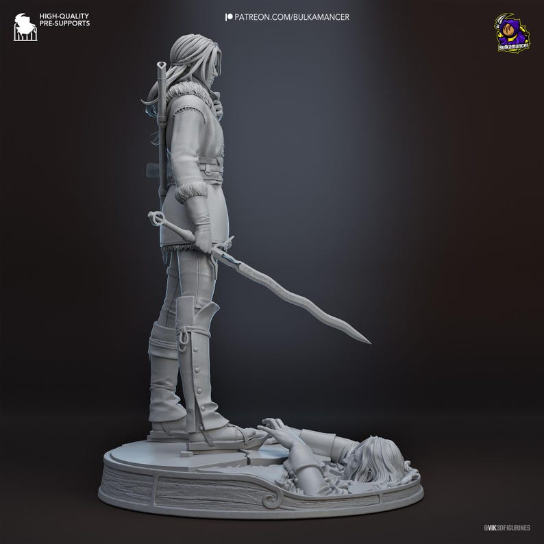 May include: A gray 3D printed resin figurine of a standing warrior with long hair, wearing a fur-collared tunic and tall boots. The figure holds a wavy sword and stands on a circular base featuring a partially submerged figure in the ground.