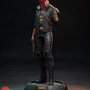 May include: A detailed figurine of a character with red hair, wearing a black leather jacket, pants, and boots. The figure is holding a yellow and black weapon and a gun. The base of the figure has blue and yellow accents. The text "PATREON" and "H3LL CREATOR" are visible.