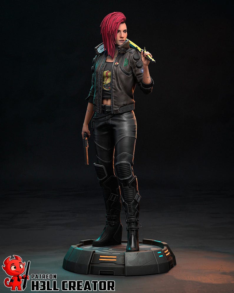 May include: A detailed figurine of a character with red hair, wearing a black leather jacket, pants, and boots. The figure is holding a yellow and black weapon and a gun. The base of the figure has blue and yellow accents. The text "PATREON" and "H3LL CREATOR" are visible.