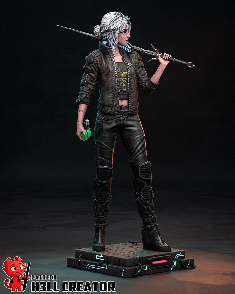 May include: A detailed figurine of a woman with white hair, wearing a brown jacket, black pants, and boots, holding a sword. She also holds a green potion bottle. The figurine stands on a platform with neon blue and red accents. The text "PATREON HELL CREATOR" is at the bottom.