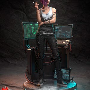 May include: A figurine of a person with pink and green hair, wearing a white tank top, black pants, and boots, holding a cigarette. The figure is standing in front of computer monitors displaying code. The base of the figure has a neon light. The text "PATREON H3LL CREATOR" is visible.
