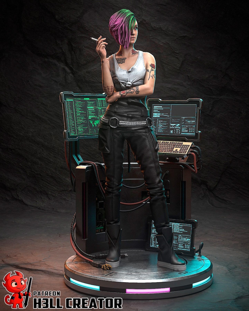 May include: A figurine of a person with pink and green hair, wearing a white tank top, black pants, and boots, holding a cigarette. The figure is standing in front of computer monitors displaying code. The base of the figure has a neon light. The text "PATREON H3LL CREATOR" is visible.