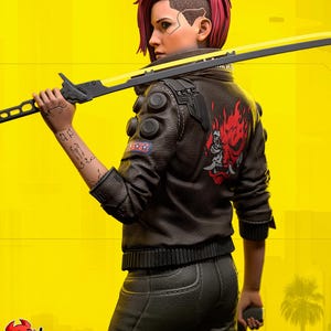 May include: A figure with pink hair and a shaved side, wearing a black leather jacket with a red graphic on the back and holding a yellow and black sword. The background is a bright yellow.