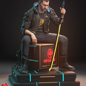 May include: A detailed figurine of a man in a futuristic outfit, seated on a glowing platform. He wears a black jacket, gray shirt, and dark pants. The platform has neon blue and orange accents. He holds a yellow and black weapon. The base has the text "HELL CREATOR".