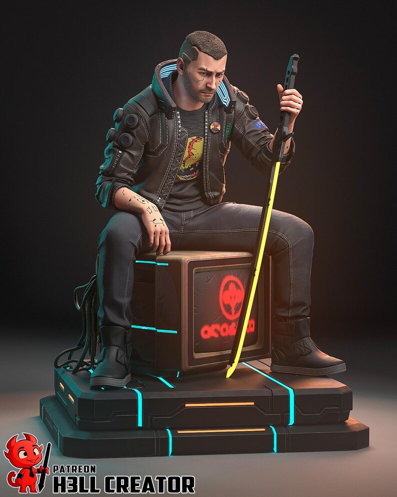 May include: A detailed figurine of a man in a futuristic outfit, seated on a glowing platform. He wears a black jacket, gray shirt, and dark pants. The platform has neon blue and orange accents. He holds a yellow and black weapon. The base has the text "HELL CREATOR".