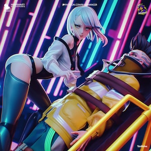 May include: A digital art piece featuring two anime-style characters in a futuristic setting. One character, in a white and black outfit, leans over another in a yellow jacket, strapped to a yellow chair. The background has neon lights.