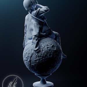 K&ouml;nnte beinhalten: Monochrome Skulptur einer Person, die auf einem strukturierten Mond sitzt und eine Zigarette h&auml;lt. Die Figur tr&auml;gt eine Jacke und Handschuhe. Die Skulptur ist auf einem Sockel montiert. Der Name des K&uuml;nstlers, h3LLcreator, ist unten rechts sichtbar.
