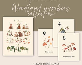 Montessori Counting Poster + Flashcards - Woodland Counting Printable for toddlers - Hand Painted, Minimalist Watercolor