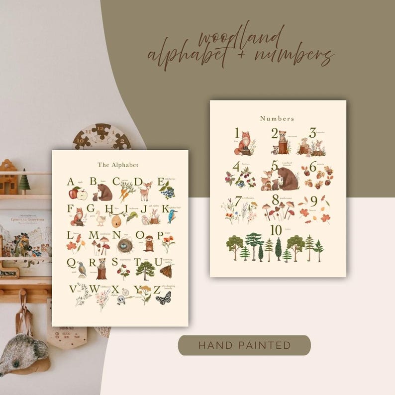 Woodland ABC and Numbers Poster Set: Vintage Nursery Art by Little ...
