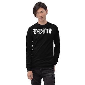 May include: Black long-sleeve shirt with a white graphic that says "DDMF" in a gothic font.