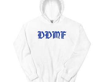 DDMF Hoodie with Royal Blue Lettering: Soft & Stylish Unisex Pullover
