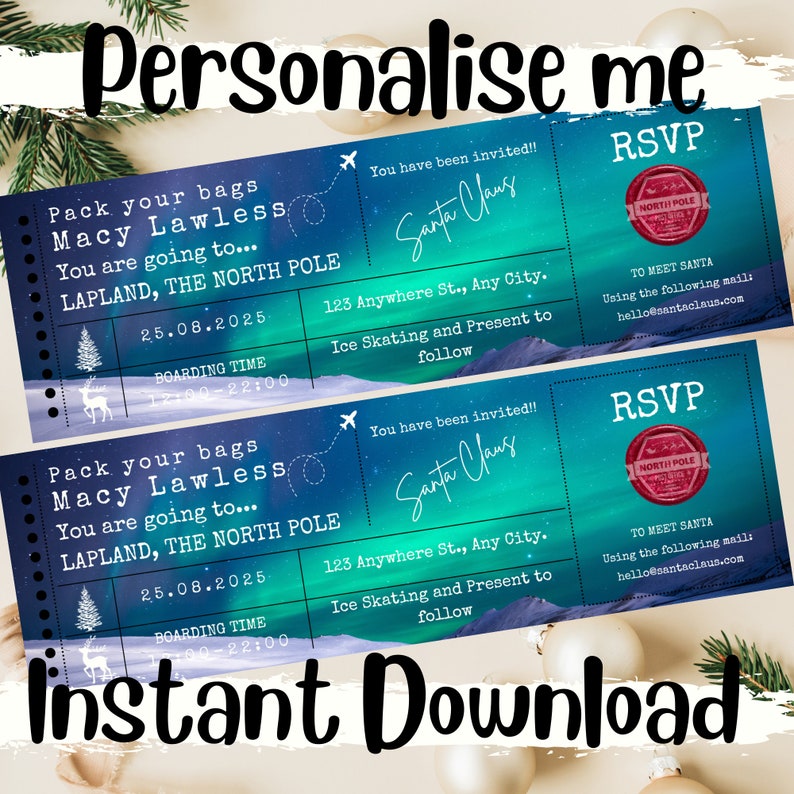 Personalised Lapland Ticket, Print at Home Ticket, Editable Plane Ticket, Northern Lights