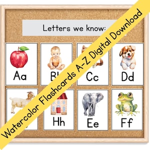 Watercolor Alphabet Flashcards A-Z – Printable ABC Cards with Realistic Illustrations – Educational Preschool Decor – PDF Download
