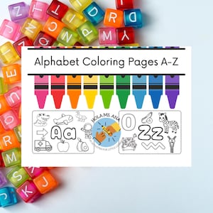 Páginas para colorir do alfabeto de A a Z | Prática de reconhecimento de letras e sons para pré-escola e jardim de infância | Tarefa de casa em PDF para impressão ou presente de fim de ano
