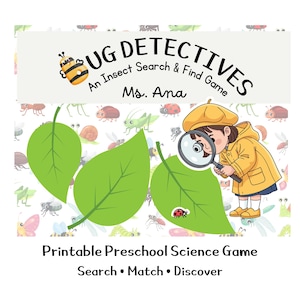 Może przedstawiać: Edukacyjna gra dla dzieci zatytułowana "Bug Detectives". Obraz przedstawia ilustrację kreskówkową dziecka z lupą, zielonymi liśćmi i różnymi owadami. Gra jest drukowaną aktywnością naukową dla przedszkolaków.
