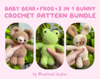 Crochet Baby Bobble Bear, Frog and 3in1 Bunny 3 Pattern Plushie Bundle | Amigurumi Baby Teddy Bear, Frog and Bunny PDF Patterns in English