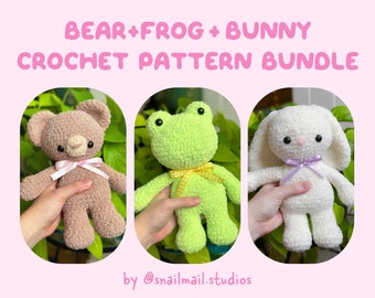 Lot de 3 peluches ours, grenouille et lapin au crochet | Modèles PDF amigurumi pour ours en peluche, grenouille et lapin en anglais