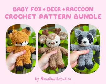 Crochet Baby Bobble Fox, Deer and Raccoon Pattern Plushie Bundle | Amigurumi Baby Forest Critters PDF Patterns in English