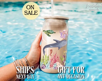 Ocean Animals Glass Coffee Cup: Sea Life Iced Coffee with Lid & Straw