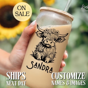 Highland Cow Personalized Iced Coffee Cup Scottish Highland Cow Glass Tumbler Heifer Cow Glass Can Highland Cow Cup Highland Cow Lover Cup